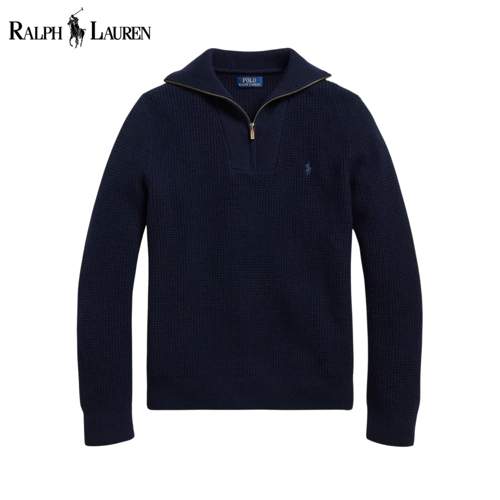 RL Waffle-Knit Wool-Cotton Quarter-Zip Sweater