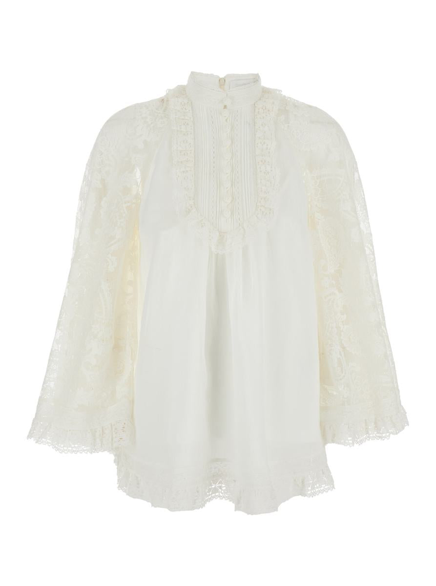 'Ascension' White Blouse With Lace Panels And Scallop Hem In Ramie Woman