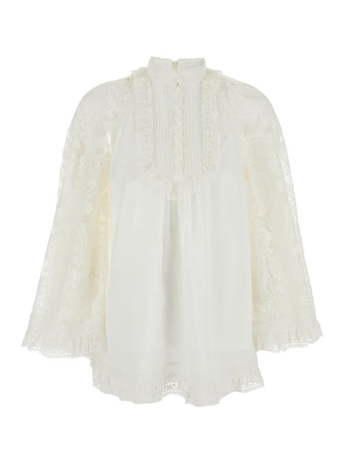 'Ascension' White Blouse With Lace Panels And Scallop Hem In Ramie Woman