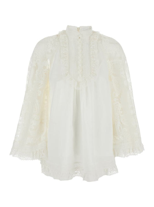 'Ascension' White Blouse With Lace Panels And Scallop Hem In Ramie Woman