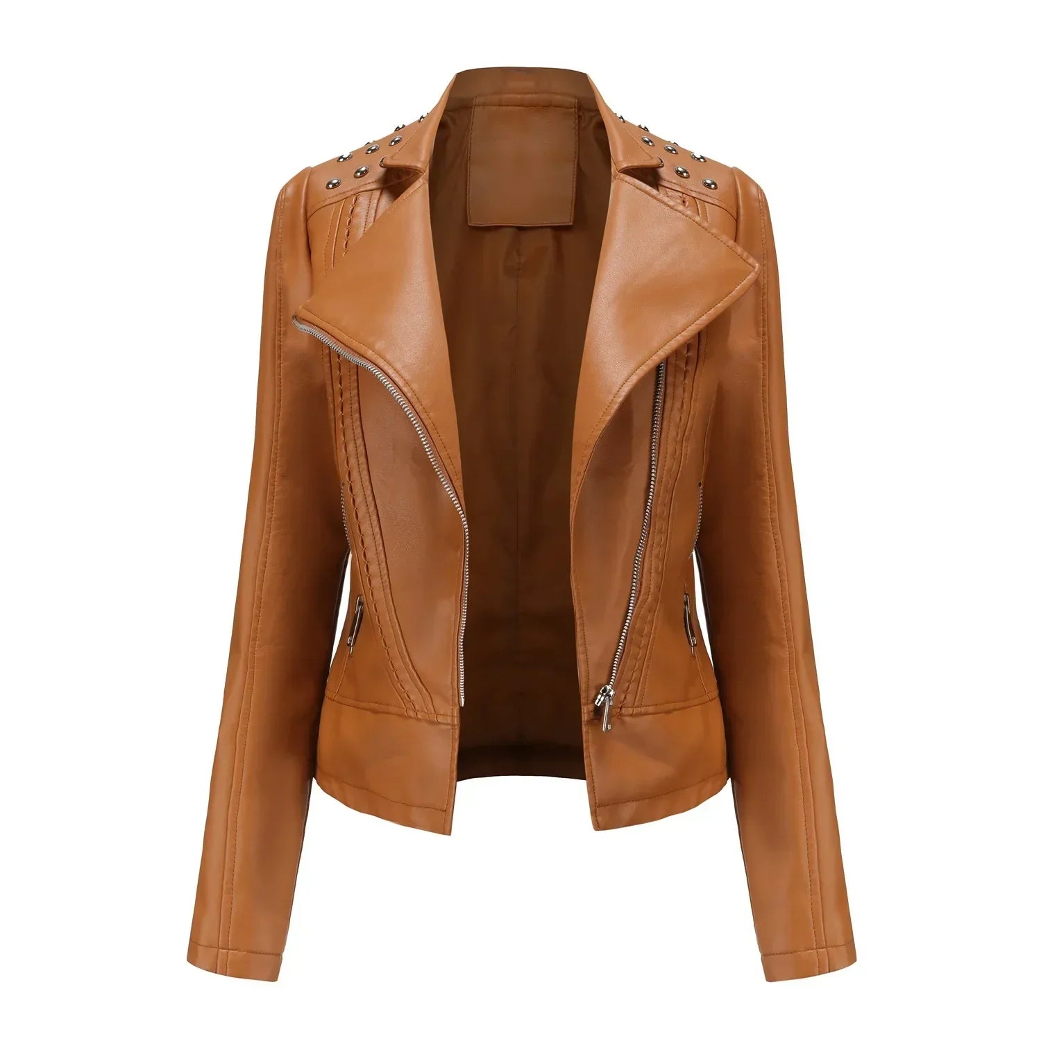 Jaqueta Feminina Slim Estilo Biker com Gola Dobrável e Detalhes Retrô