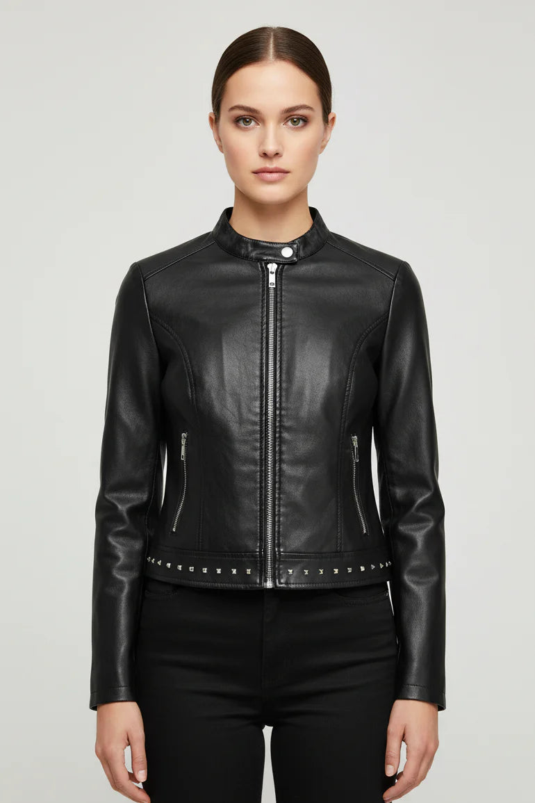 Jaqueta Feminina Estilo Punk Rock com Gola Alta