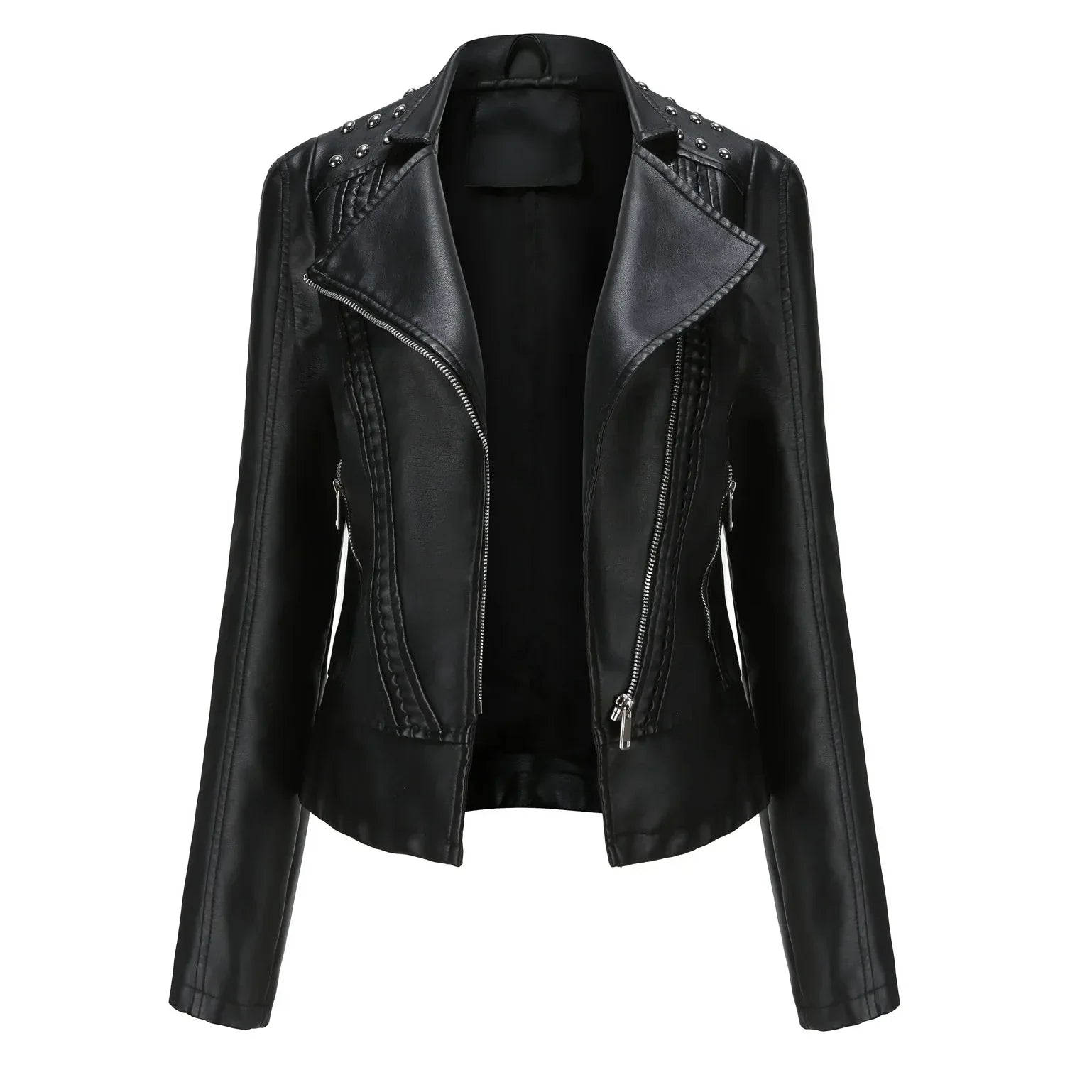 Jaqueta Feminina Slim Estilo Biker com Gola Dobrável e Detalhes Retrô