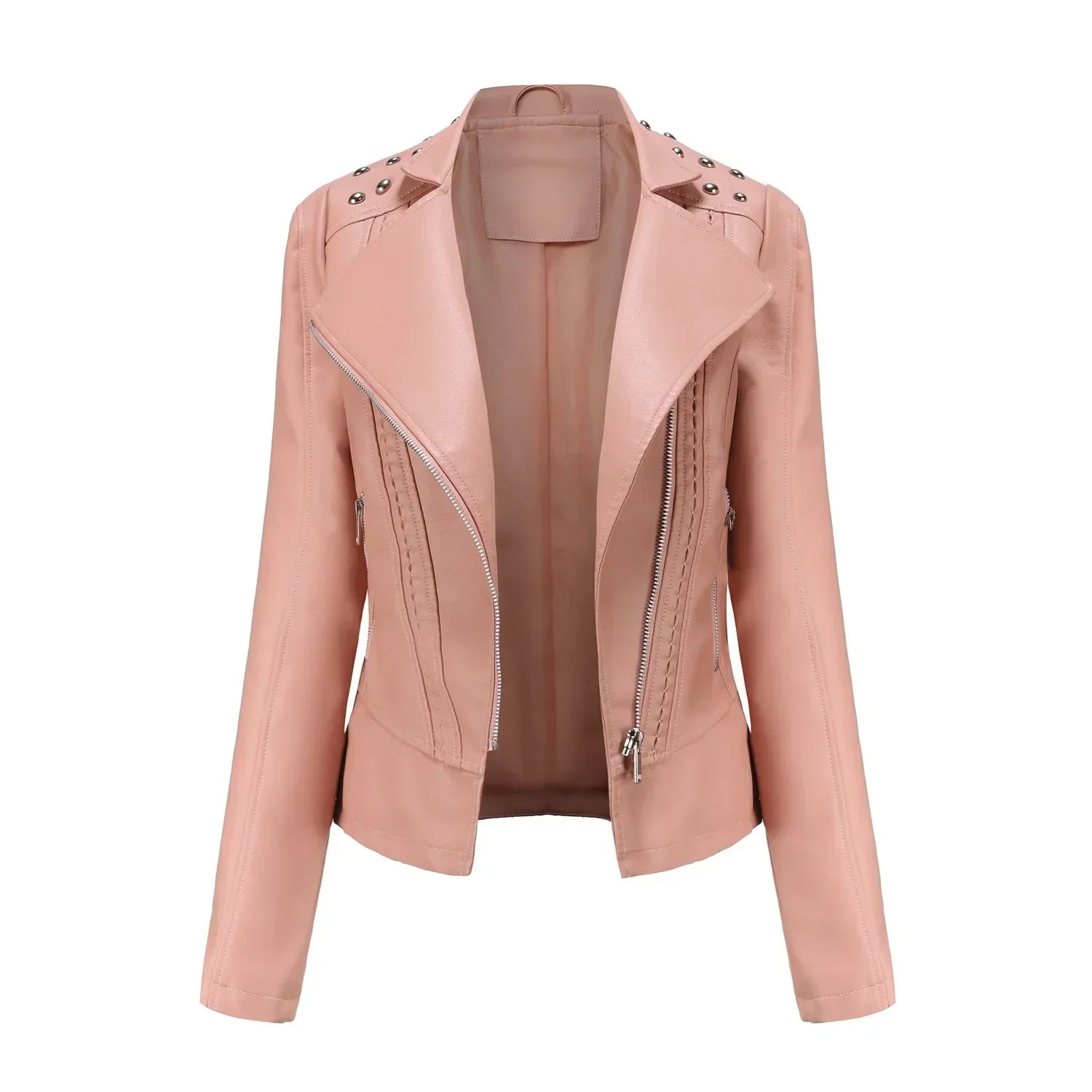 Jaqueta Feminina Slim Estilo Biker com Gola Dobrável e Detalhes Retrô