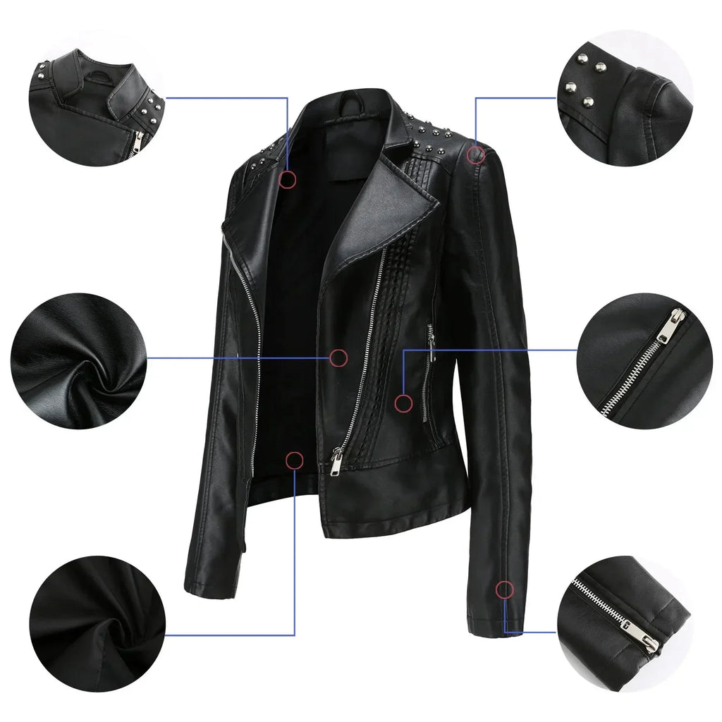Jaqueta Feminina Slim Estilo Biker com Gola Dobrável e Detalhes Retrô