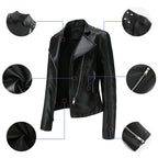 Jaqueta Feminina Slim Estilo Biker com Gola Dobrável e Detalhes Retrô
