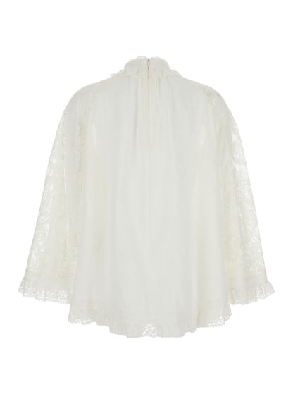 'Ascension' White Blouse With Lace Panels And Scallop Hem In Ramie Woman