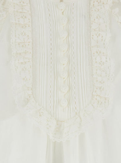 'Ascension' White Blouse With Lace Panels And Scallop Hem In Ramie Woman