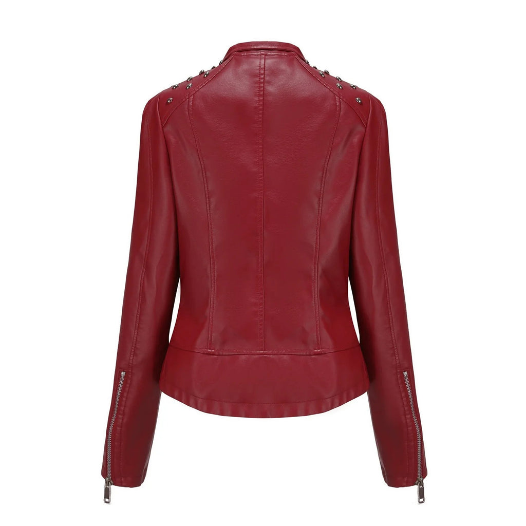 Jaqueta Feminina Slim Estilo Biker com Gola Dobrável e Detalhes Retrô