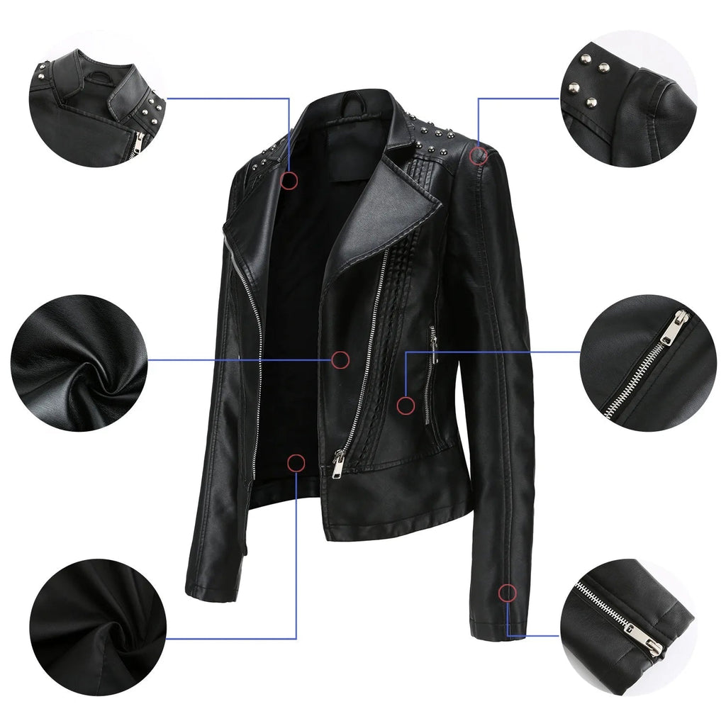 Jaqueta Feminina Slim Estilo Biker com Gola Dobrável e Detalhes Retrô