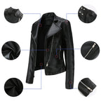 Jaqueta Feminina Slim Estilo Biker com Gola Dobrável e Detalhes Retrô