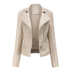 Jaqueta Feminina Slim Estilo Biker com Gola Dobrável e Detalhes Retrô