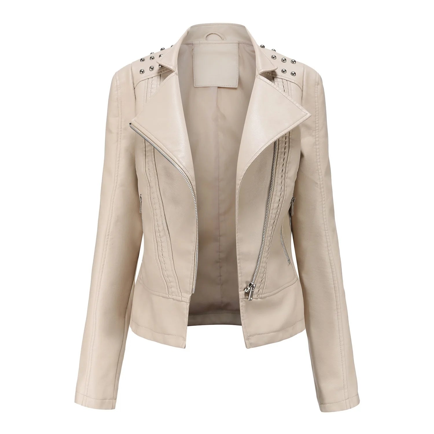 Jaqueta Feminina Slim Estilo Biker com Gola Dobrável e Detalhes Retrô