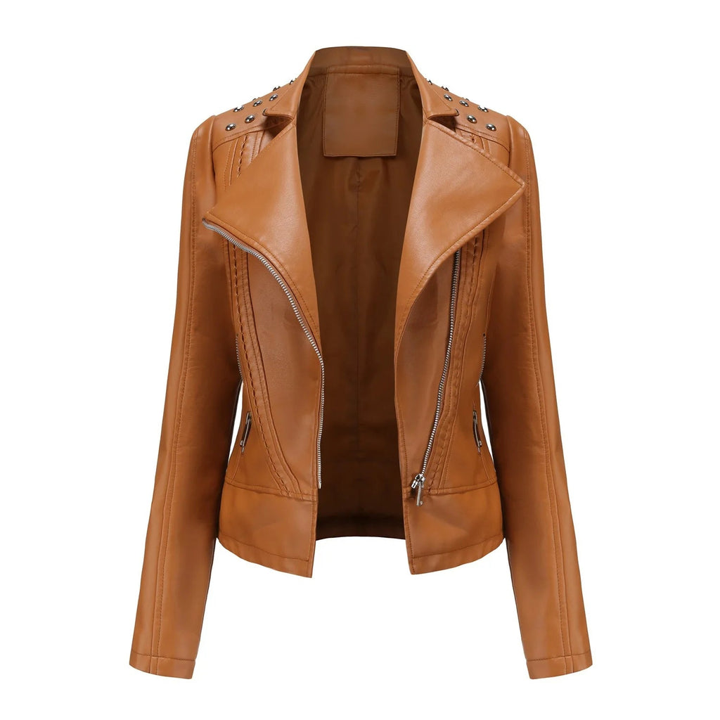 Jaqueta Feminina Slim Estilo Biker com Gola Dobrável e Detalhes Retrô