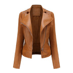 Jaqueta Feminina Slim Estilo Biker com Gola Dobrável e Detalhes Retrô