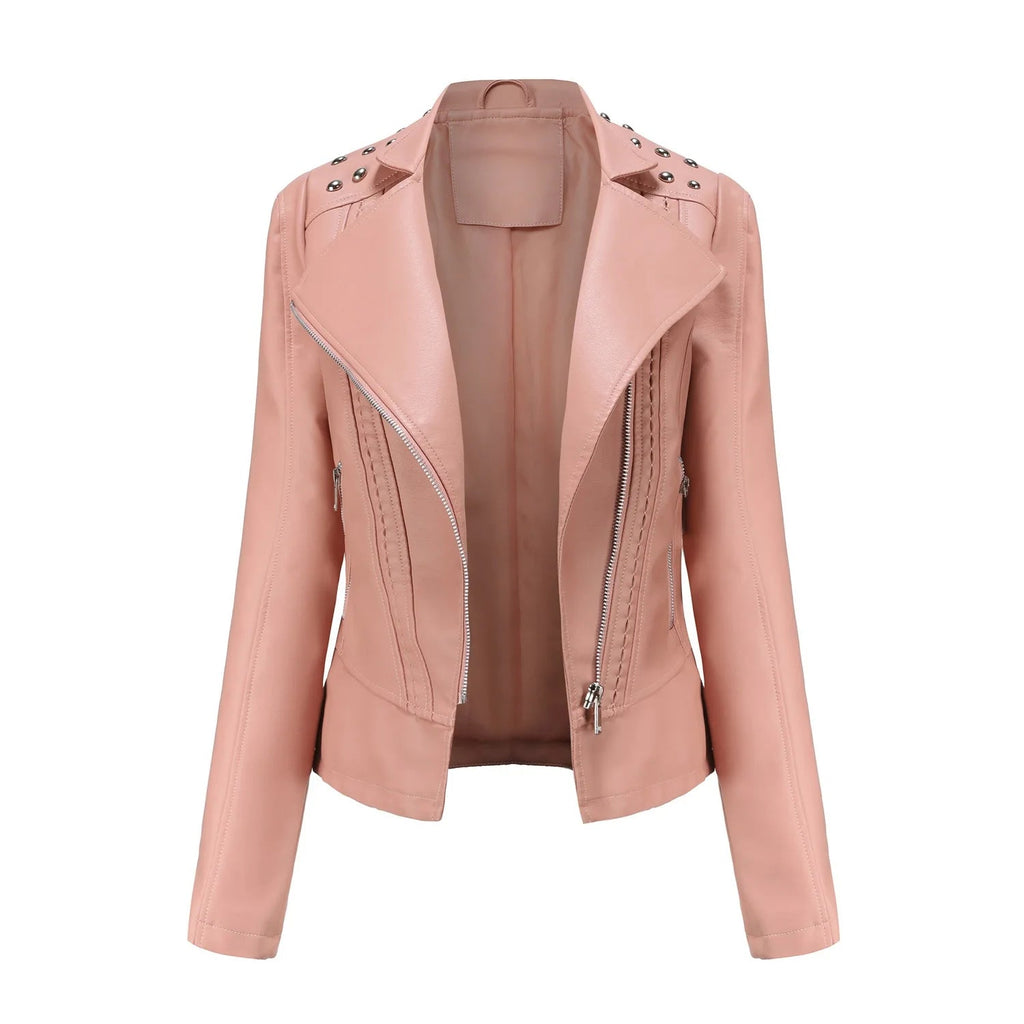 Jaqueta Feminina Slim Estilo Biker com Gola Dobrável e Detalhes Retrô