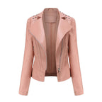 Jaqueta Feminina Slim Estilo Biker com Gola Dobrável e Detalhes Retrô